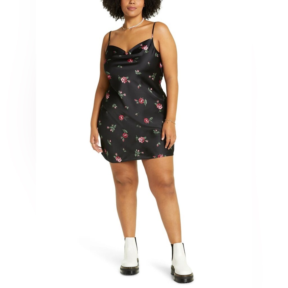 Black Satin Minidress Rosebud Print
